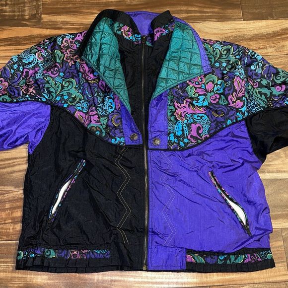 Vintage 90s Sports Accent Lined Floral Windbreaker Zip Jacket Womens Size Large - Picture 11 of 12